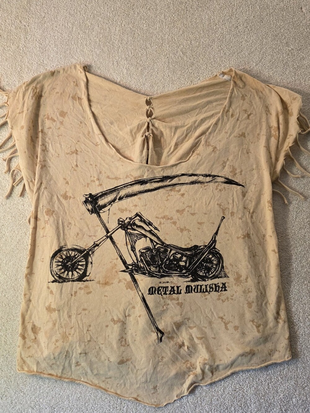 Metal Mulisha Motorcycle Scythe Emblem Beige Fringe Crop Top Womens S
